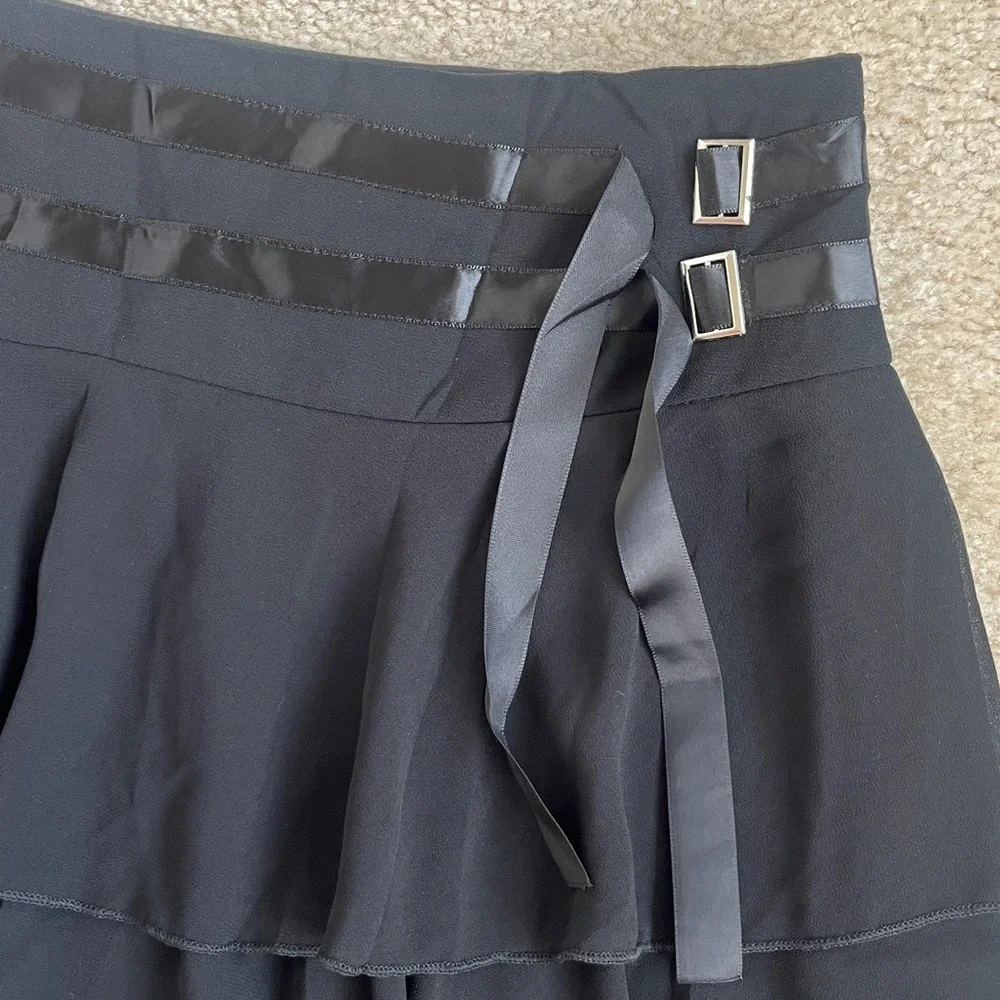 Edikted Double Ribbon Belt Ruffled Chiffon Mini Skirt in Black Women's Large - Picture 3 of 8